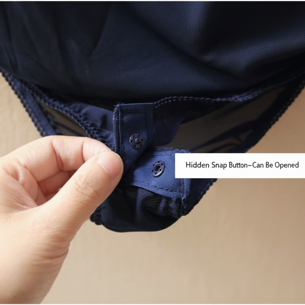 Navy shirt hidden snap button detail with English callout label