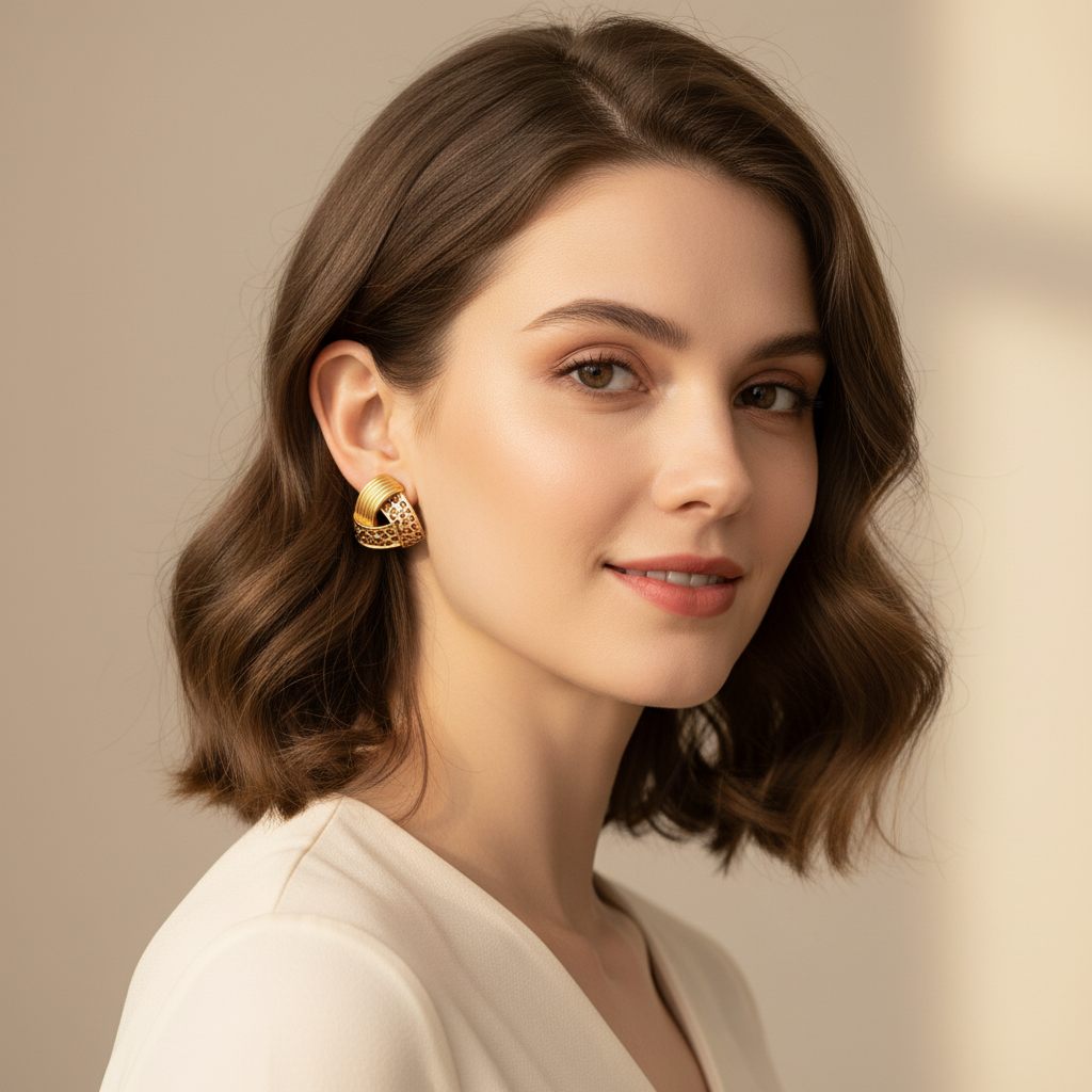 Leopard Print Triangle Stud Earrings Gold — editorial lifestyle shot