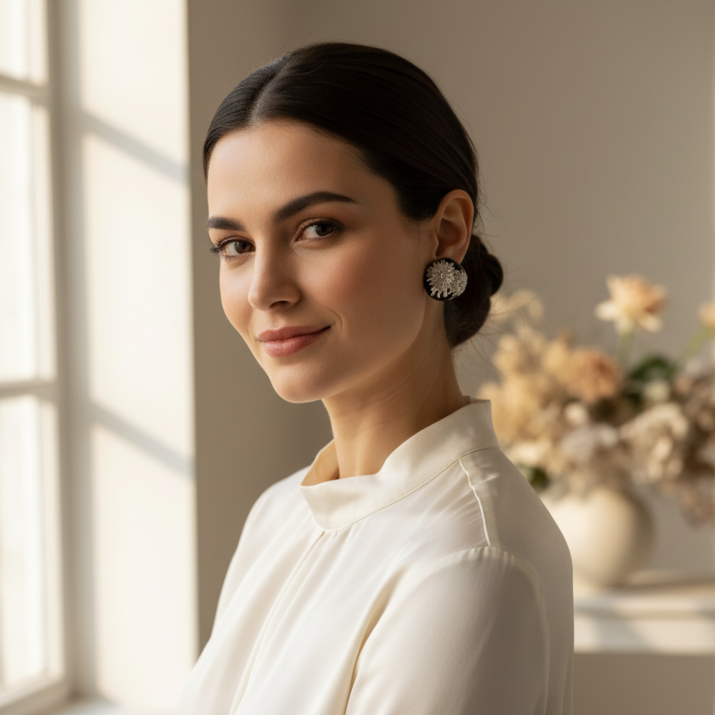 Chrysanthemum Blossom Studs Black & Silver — editorial lifestyle shot