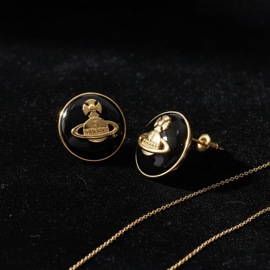 Black enamel gold Saturn orb stud earrings - black velvet editorial staging