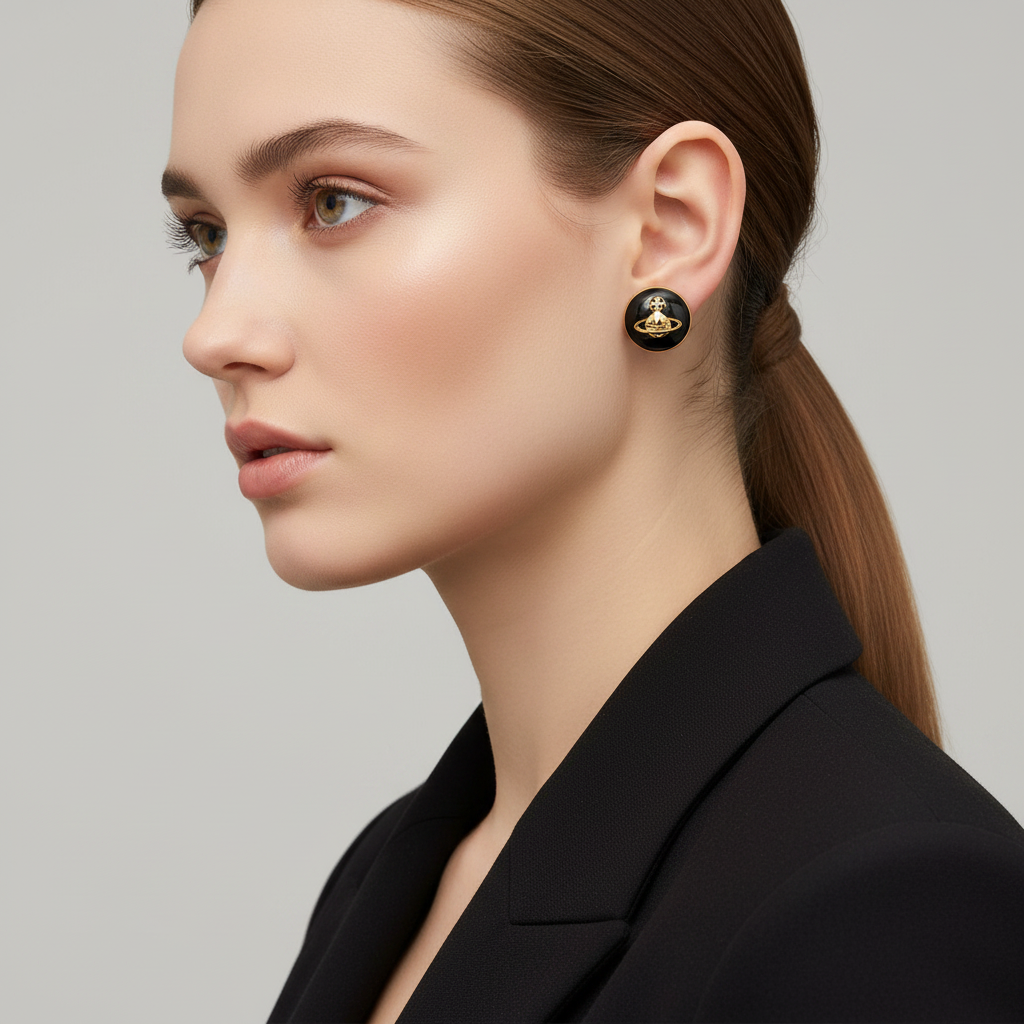Black enamel gold Saturn orb stud earrings - black blazer studio profile