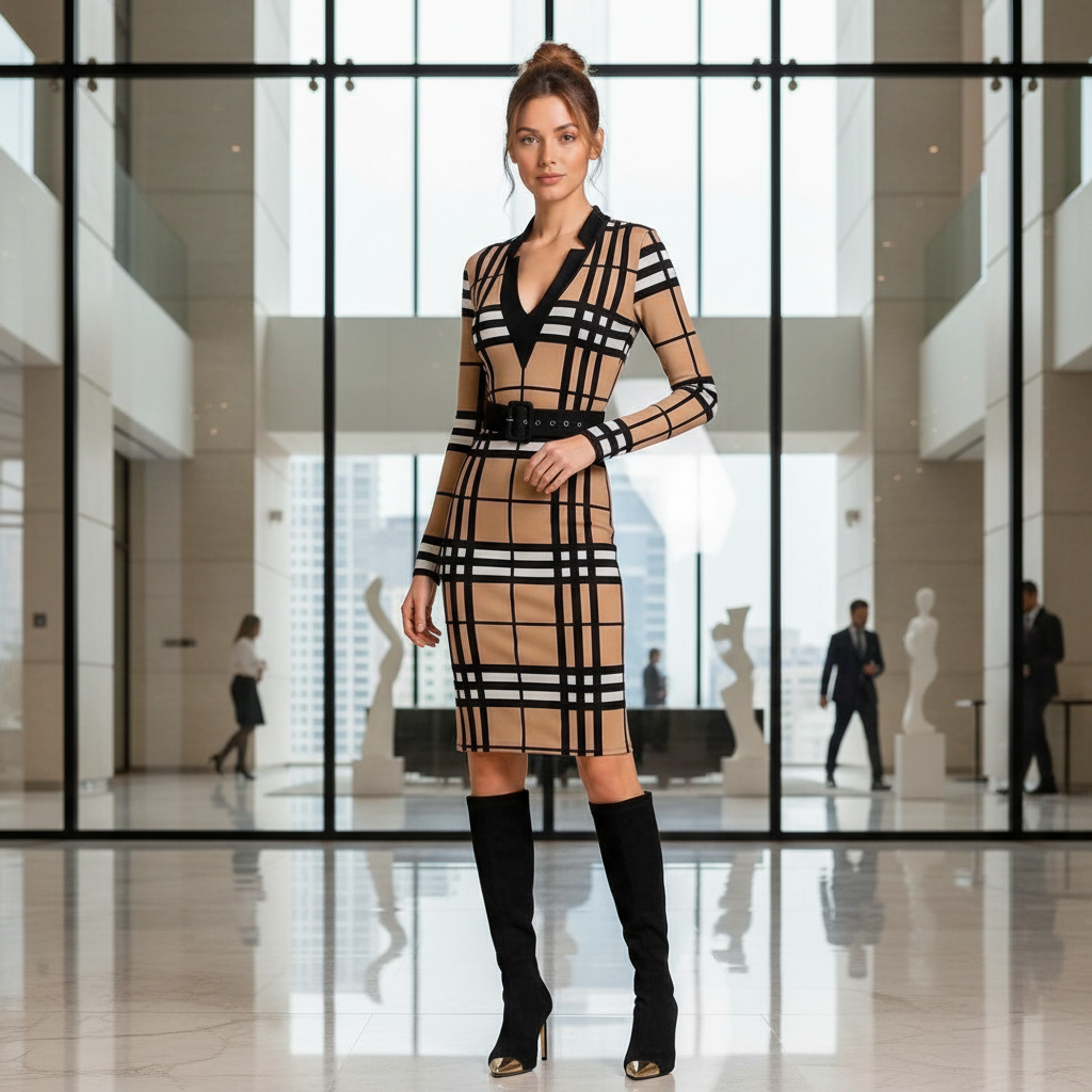 Camel Tartan Check Belted Knit Midi Dress lifestyle image