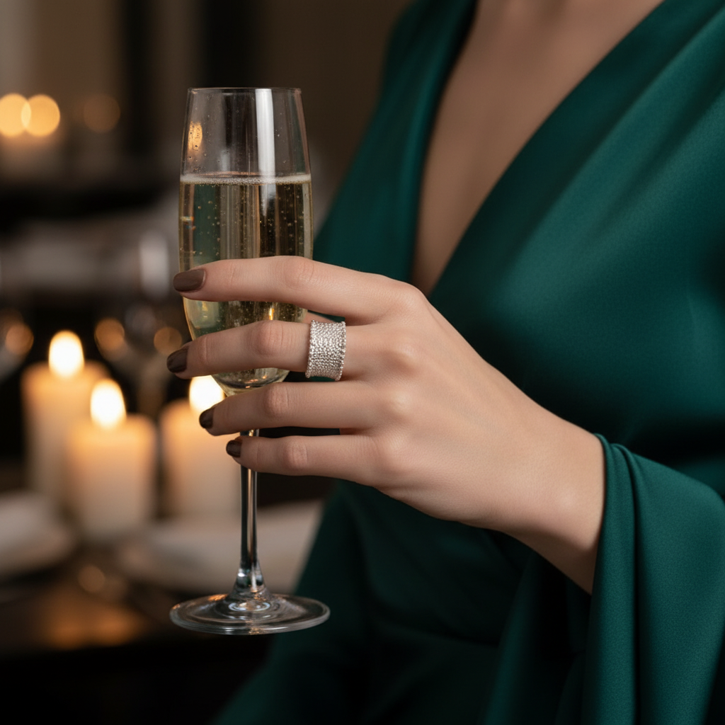 Model wearing Silver Crystal Mesh Wide Band Open Ring — evening dress with candlelight