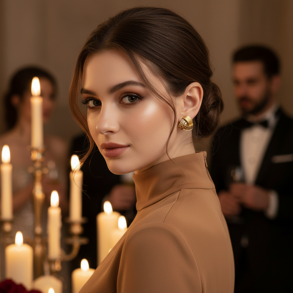Leopard Print Triangle Stud Earrings Gold — night gathering lifestyle shot