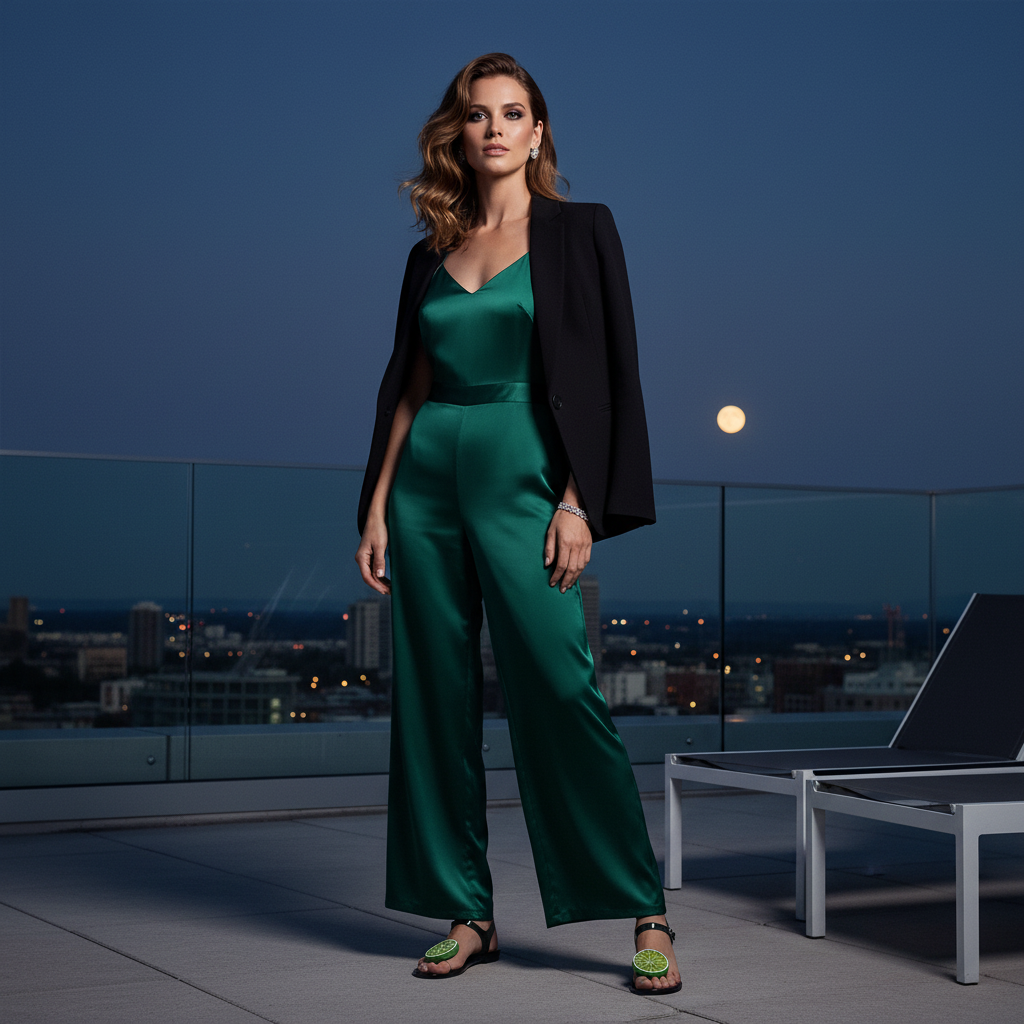 The Foot Edit Midnight Lime lifestyle — model wearing dark jelly sandals on moonlit rooftop terrace