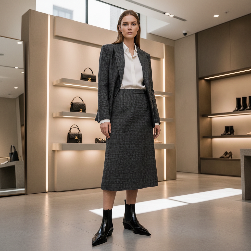 Model wearing black patent leather pointed-toe Chelsea ankle boots in an aspirational editorial lifestyle look