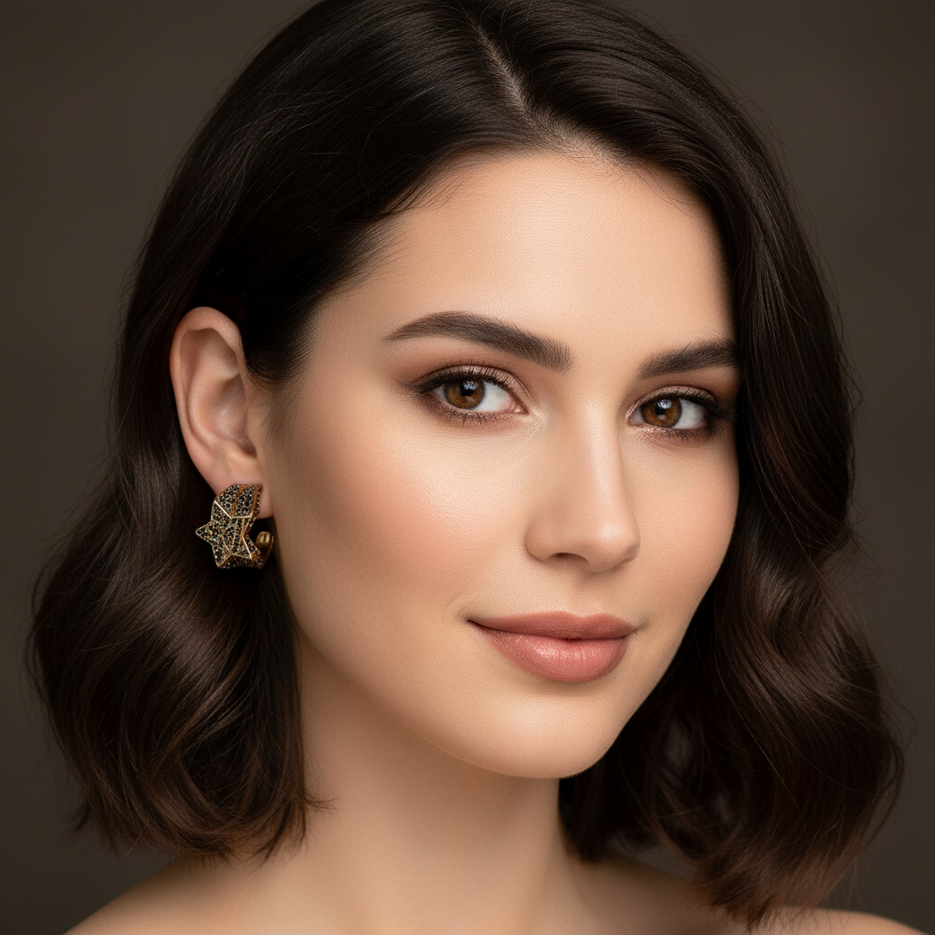 Portrait of model wearing gold and black crystal star huggie earrings