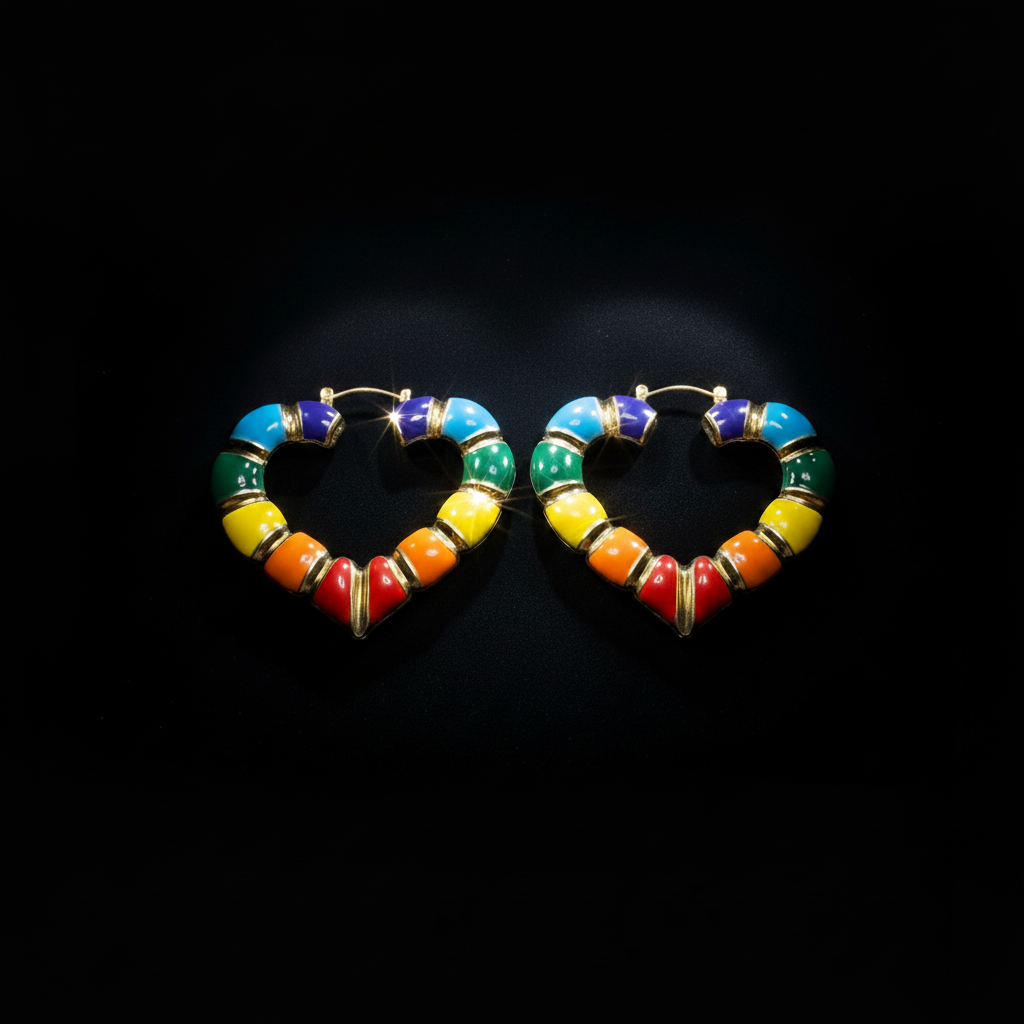Rainbow multicolour enamel heart hoop earrings dramatically illuminated on black background