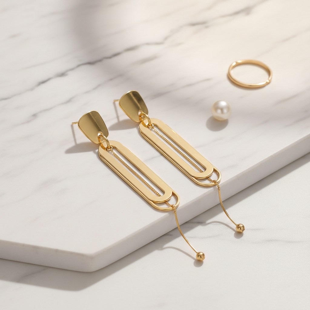 Gold oval loop drop earrings luxury staging shot on marble surface