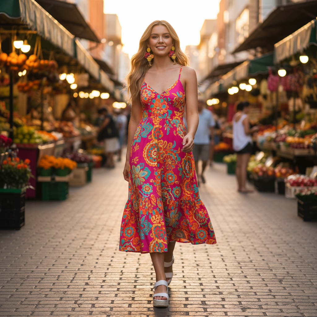 Lifestyle image of model on summer city street wearing beaded cocktail glass earrings