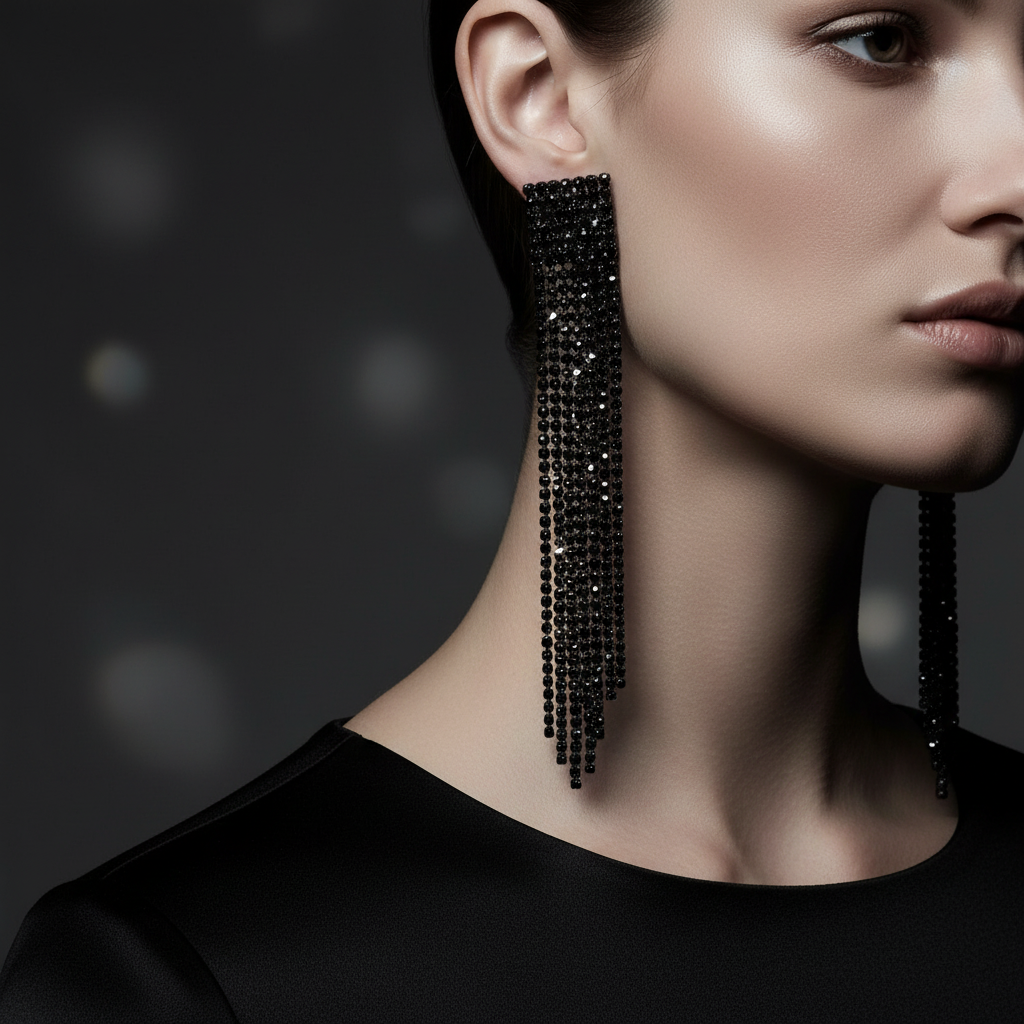 Black crystal fringe earrings jawline close-up editorial