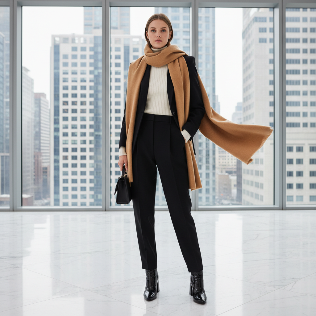 Complete the Look — Black High-Waist Tapered Harem Trousers styled with blazer, boots, scarf and handbag