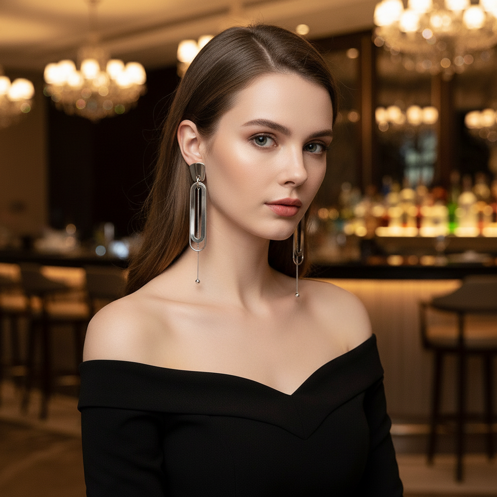 Lifestyle photo of model at upscale restaurant wearing silver oval loop drop earrings