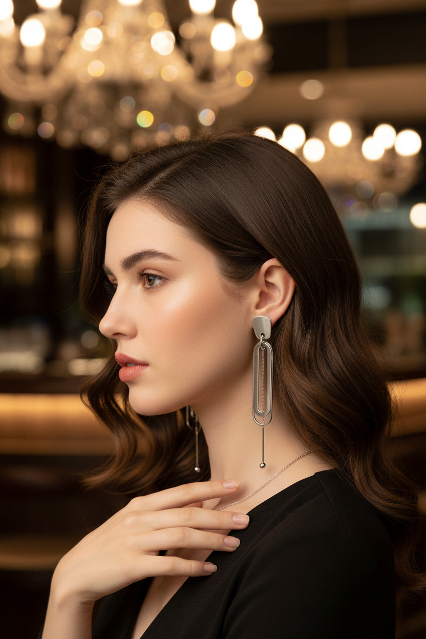 Side profile portrait of model wearing silver oval loop drop earrings