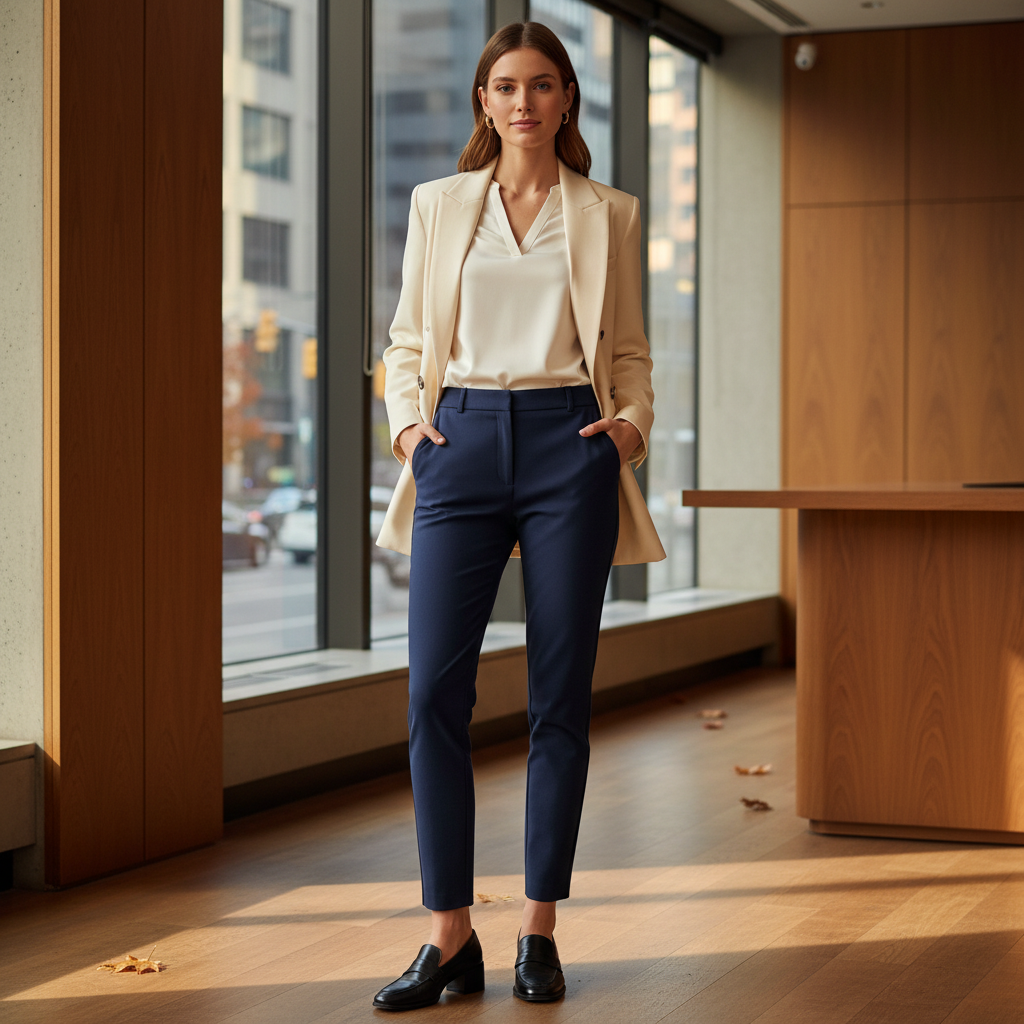 Navy Slim-Fit Tailored Cropped Trousers — editorial lifestyle image