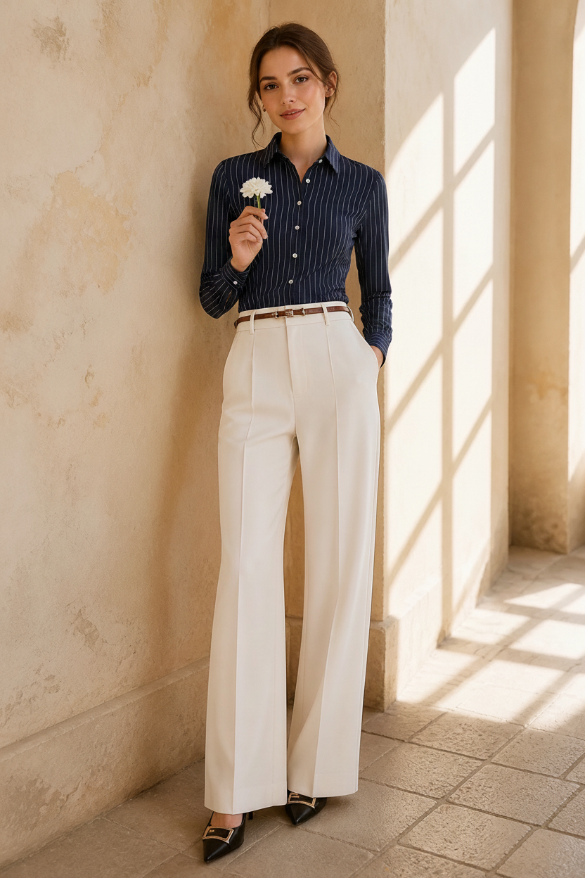 Navy Pinstripe Long Sleeve Shirt Bodysuit Lifestyle