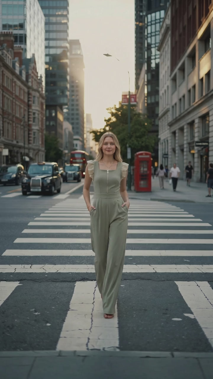 Sage Green Ruffle-Shoulder Wide-Leg Jumpsuit