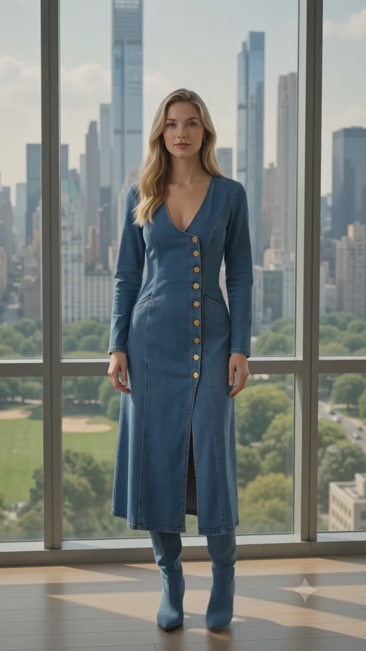 Blue Denim Gold Button Maxi Dress