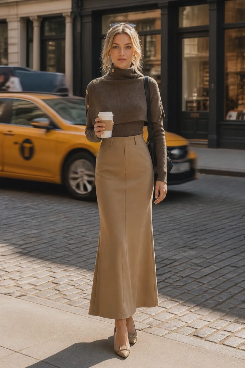 Mocha Cape-Overlay Button-Shoulder Knit Sweater