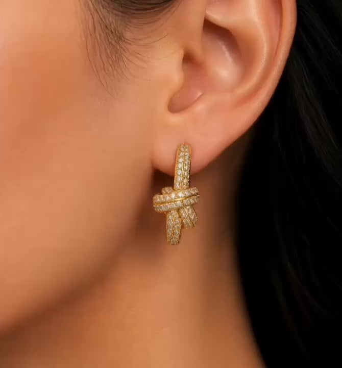 Gold Full Pavé Crystal Twisted Knot Hoop Earrings