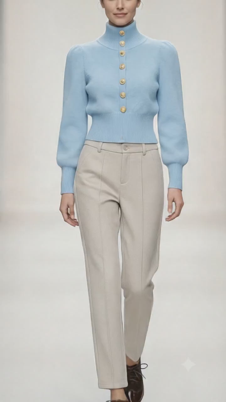 Sky Blue Gold Lion Button High-Neck Knit Cropped Sweater