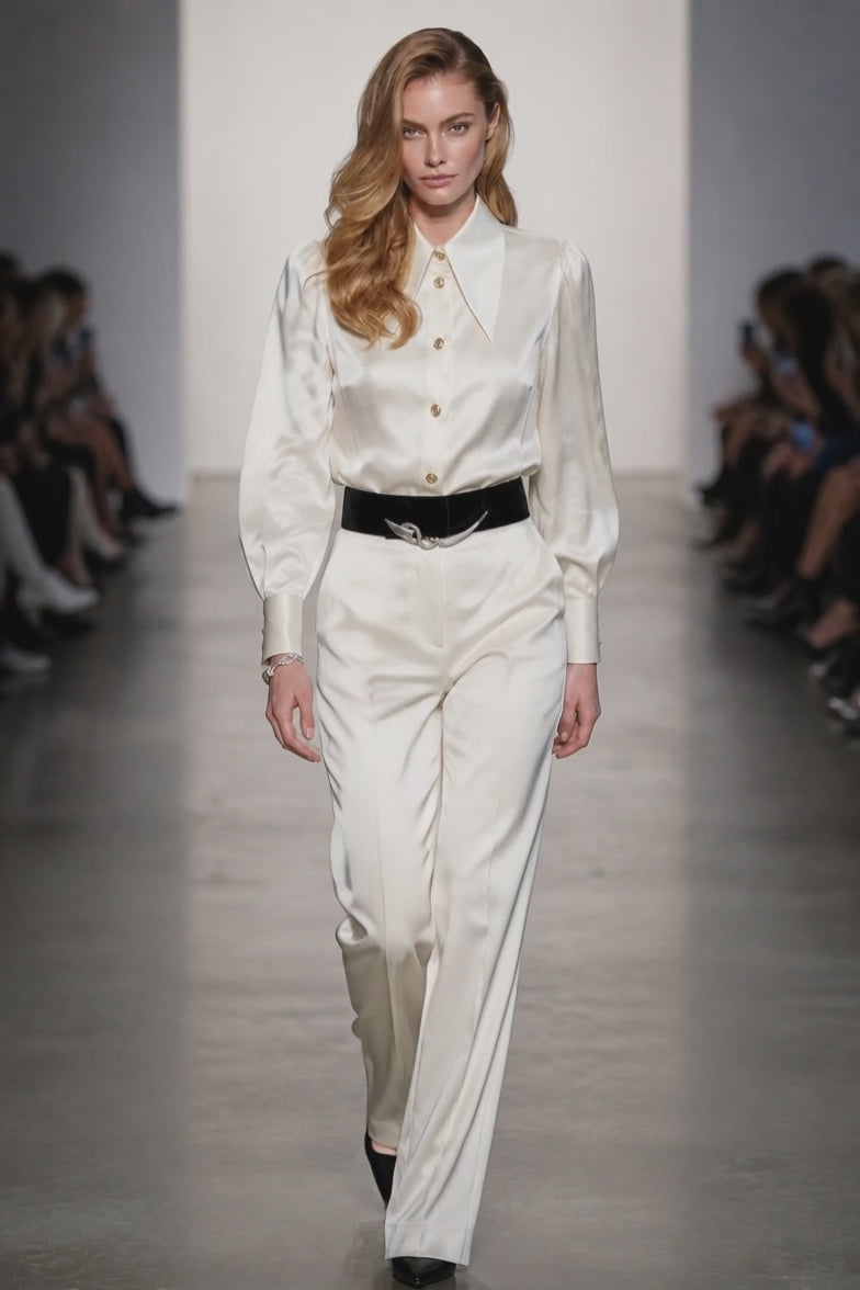 Cream Mulberry Silk Blazer Collar Blouse