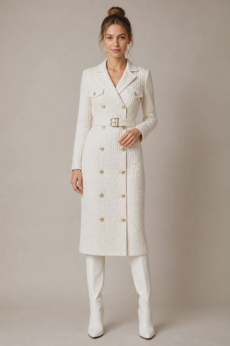 White Double-Breasted Gold Button Knit Midi Dress