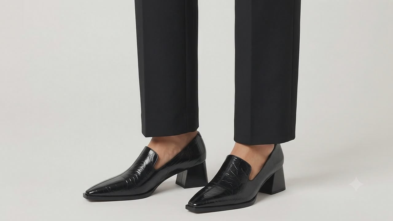 Black Patent Leather Pointed-Toe Block Heel Loafer