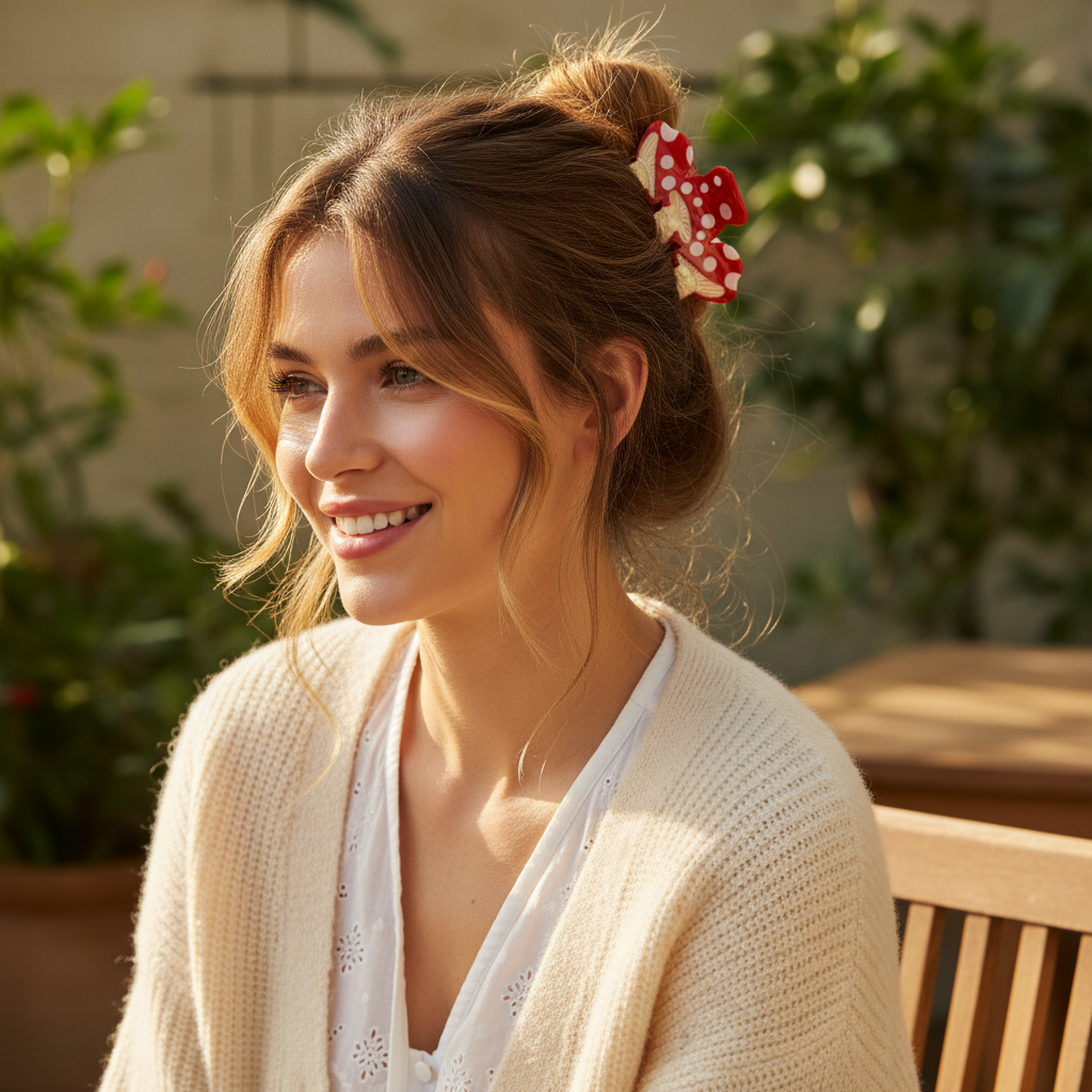 Red Mushroom Hair Claw Clip – On Hair Lifestyle Shot