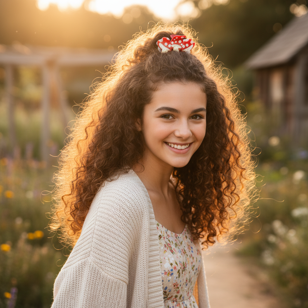 Red Mushroom Hair Claw Clip – Young Model Voluminous Curls