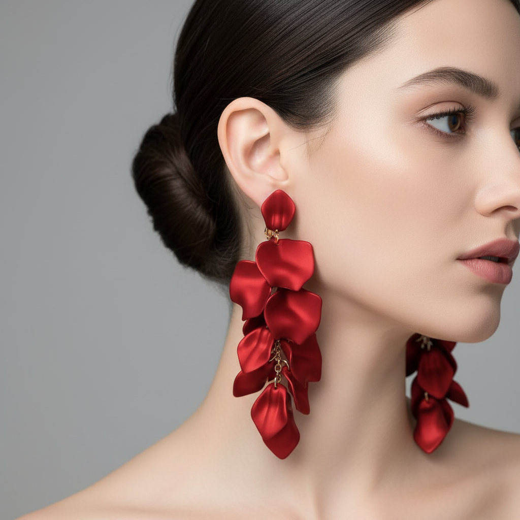 Red Satin Petal Earrings - Close Up Jawline Shot