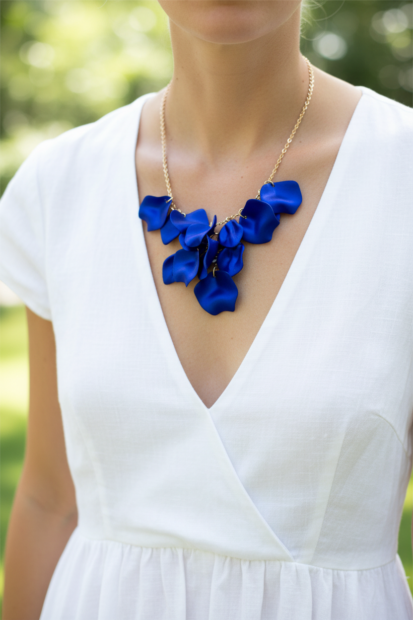 Royal Blue Satin Petal Necklace — Casual