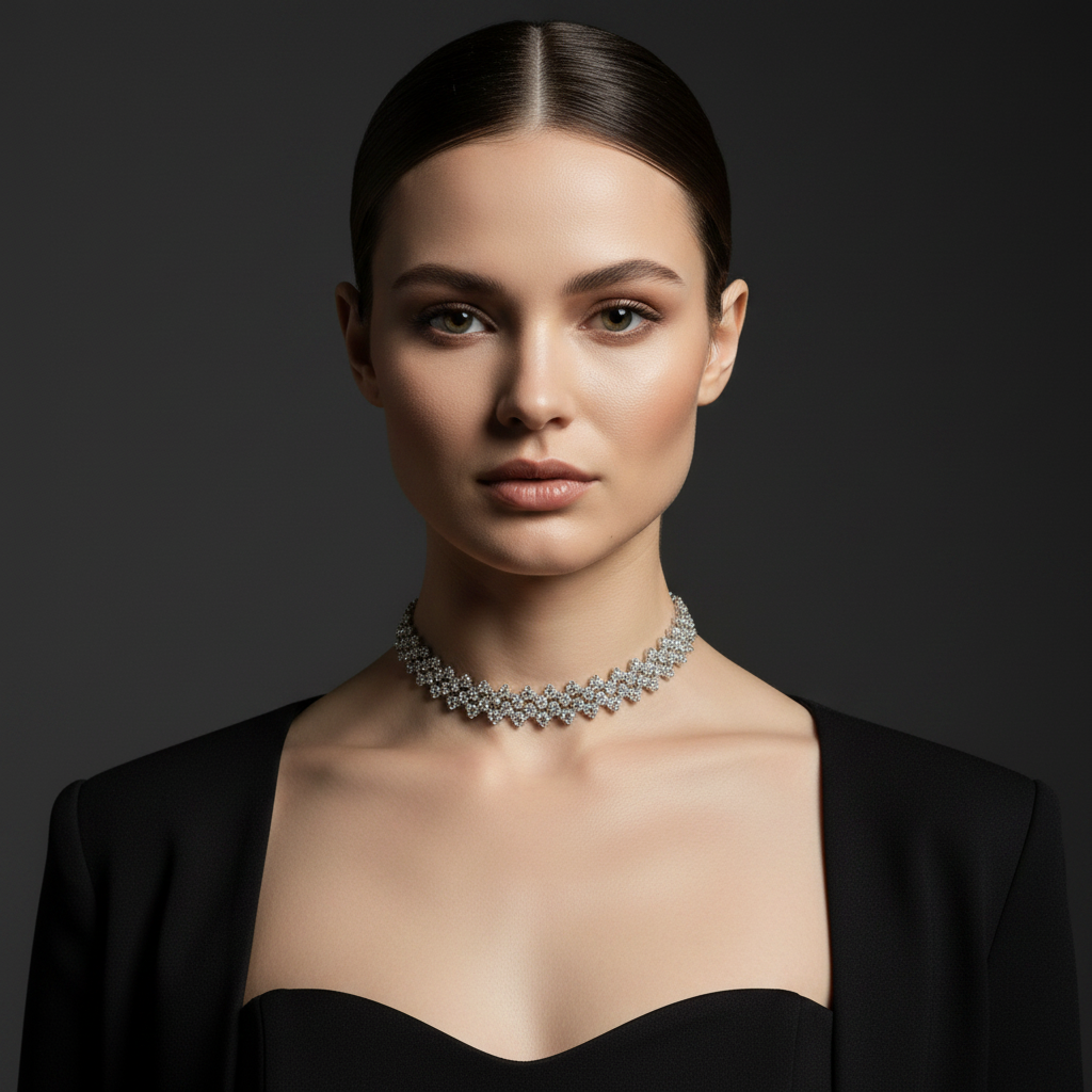 Silver Crystal Mesh Choker — Formal
