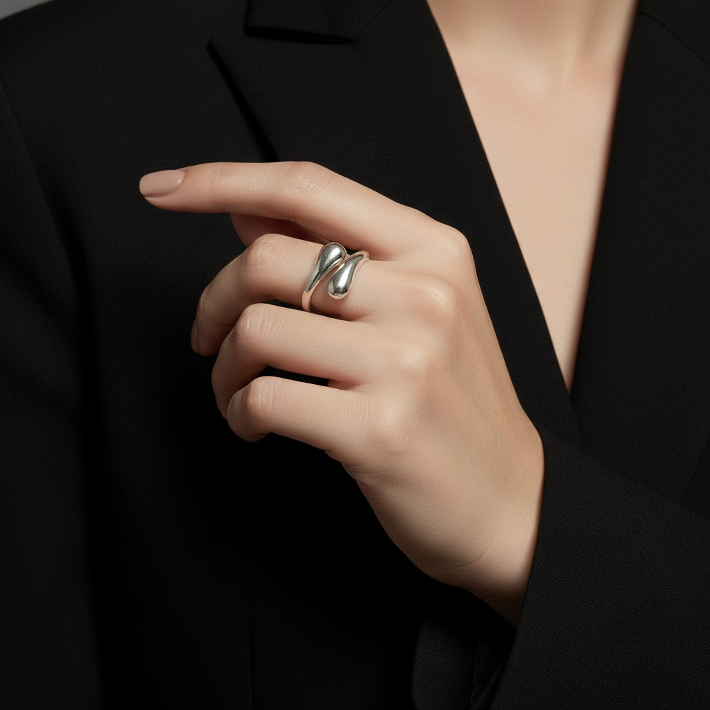 Silver Double Teardrop Ring — Formal